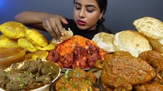 ASMR Eating Spicy Mutton Liver Curry,Whole Chicken Curry,Rice,Lollipop Big Bites ASMR Eating Mukbang
