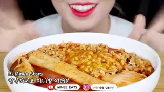 ASMR Fire Noodles with a Giant Rice Cake Eating Sound| Cooking Recipe | MINEE EATS